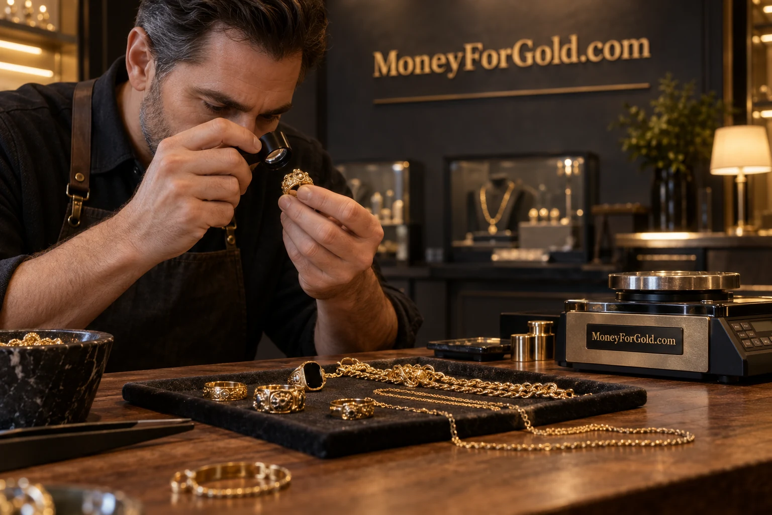 Gold jewelry, a loupe and a precision scale in a warmly lit appraisal setting