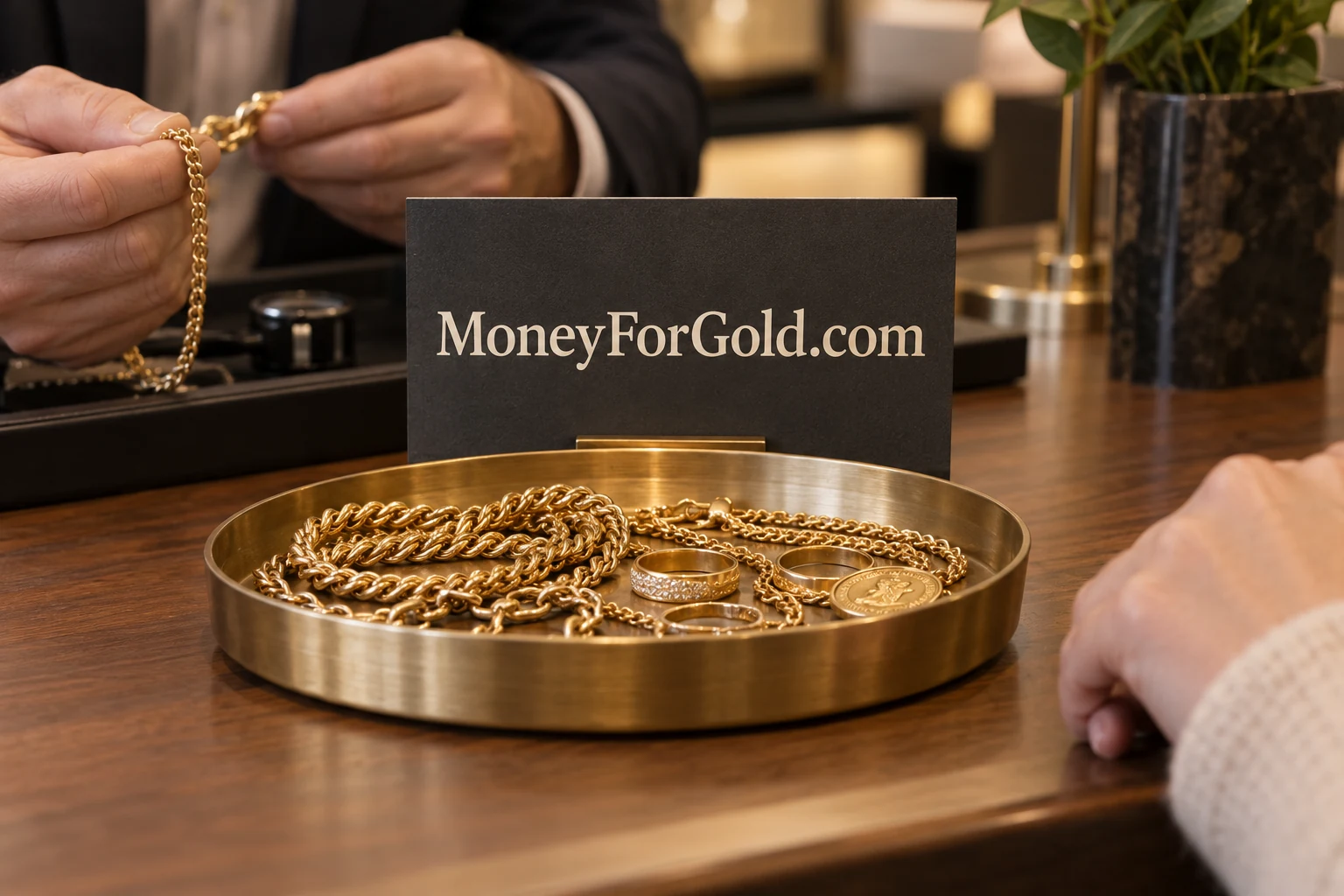 Gold jewelry and assessment tools on an appraisal bench with MoneyForGold.com signage